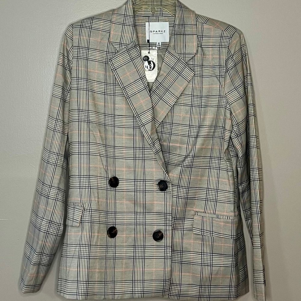 #69 NWT SPARKZ COPENHAGEN Plaid Double Breasted Blazer Lined XS S M Casual